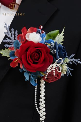 TINGE TIME Boutonniere for Men Wedding,Groom and Best Man Boutonniere for Wedding, Prom, Homecoming, Anniversary, Graduation, Christmas Dinner (1, Red & Navy Blue) - color: Red&navyblue