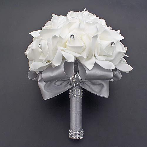 MOJUN Wedding Bouquets Crystal PE Roses Bridal Bridesmaid Wedding Hand Holding Bouquet Artificial Fake Flowers Toss Bouquet, Silver - color: Silver