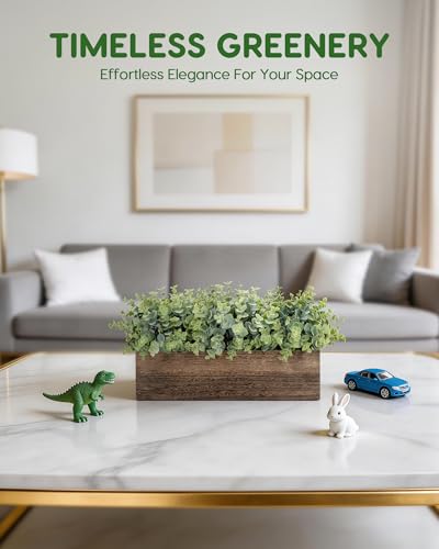 Velener 14" Artificial Eucalyptus Plants in Rustic Rectangular Wooden Planter Box, Fake Plants for Dining Room Centerpiece, Farmhouse Faux Plants for Mantel/Kitchen/Bathroom/Coffee Table Decor - color: Eucalyptus