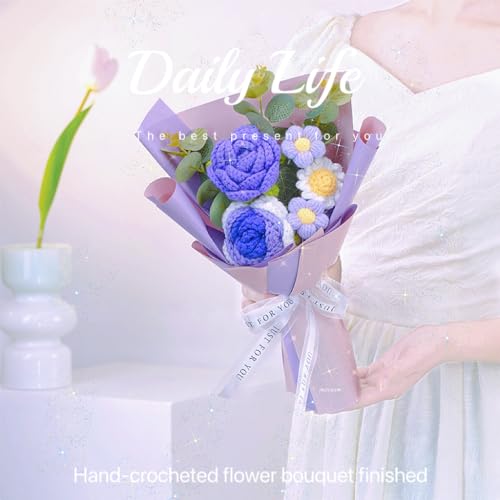 Crochet Flowers,Rose Artificial Flower Bouquet Packaging,Beautiful Crochet Flowers Suitable for Family Table Decoration, Gifts for Mother's Day,Women,Girlfriend,Mother, Birthday Wedding (Purple) - color: Purple
