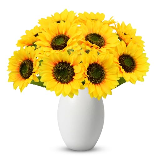 10 Pcs Artificial Sunflowers, Sunflowers Artificial Flowers with Stems, Faux Silk Huge Fake Flower Bouquet for Vase Decor Wedding Table Home Porch Indoor Outdoor Cemetery Decoration (Yellow, 6-Inch) - size: 6-Inch