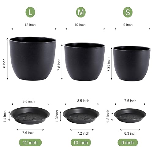 WSMKSZ 12/10/9 inch Big Flower Pots, 3 Pack Modern Decorative Plastic Planters with Drainage Holes and Tray, Plant Pots for Indoor Outdoor Plants, Black - color: Black, size: 12"+10"+9"
