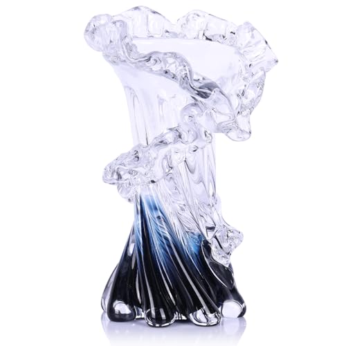 Hand Blown Blue Glass Vase, Unique Art Beautiful Ocean Glass Vase for Coastal Home Decor, Coffee Table, Living Room, Office Decor - 8" H - size: Small