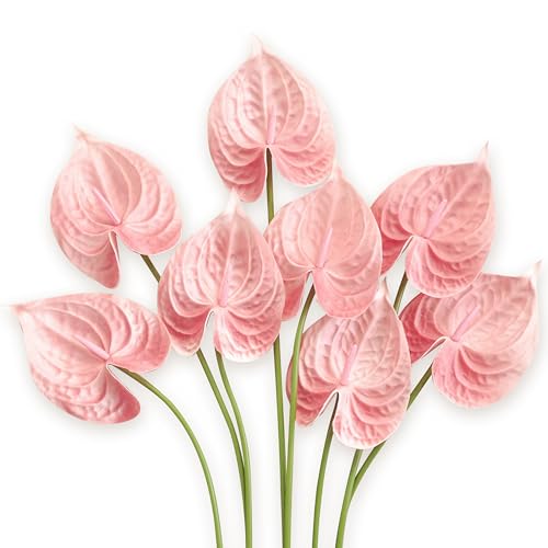 Real Touch Anthurium Artificial Flowers, 8pcs Shabby Blush Faux Tropical Flowers with Stems for Modern Wedding Bouquets, Elegant Centerpieces & Chic Party Decoration - color: Shabby Blush
