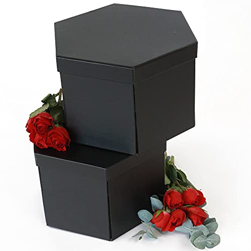 USA-SALES UNIKPACKAGING Premium Quality Hexagon Shape Flower Gift Box, w Drawer, Size 9.5″ x 8.3″ x 6.1″ inch, for Luxury Style Flower Arrangements (Black) - color: Black