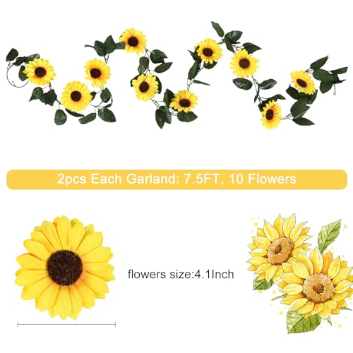 Beferr Sunflower Garlands Decor-2 Pack 7.5ft/Pcs Artificial Sunflower Vines Silk Hanging Flowers with Green Leaves for Wedding Birthday Party Home Wall Decorations