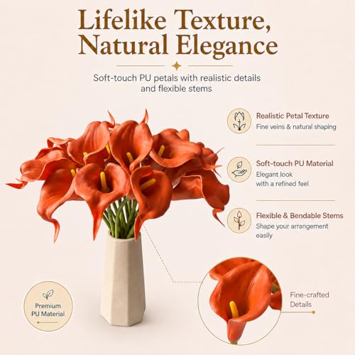 Mandy's 20pcs Burnt Orange Calla Lily Artificial Flowers | 13.5 Inch PU Realistic Bouquet for Vase Elegant Home Decor Centerpiece Wedding Bridal Bouquet Table Decoration - color: Burnt Orange