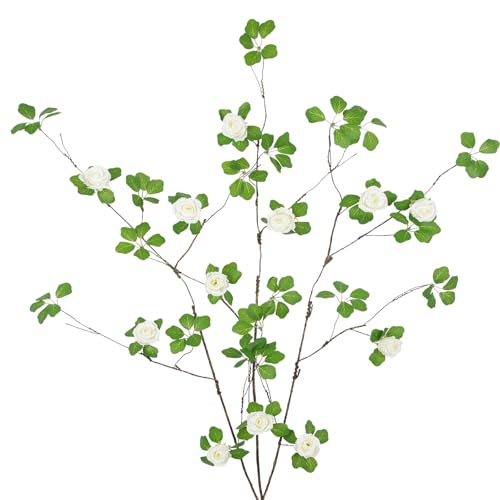 3 Pcs Artificial Greenery Stems Plants with White Roses Flowers 29.5" Faux Branches for Vase Filler Fake Ficus Twig Plants for Home Office Party Wedding Shop Spring Summer Fall Decoration