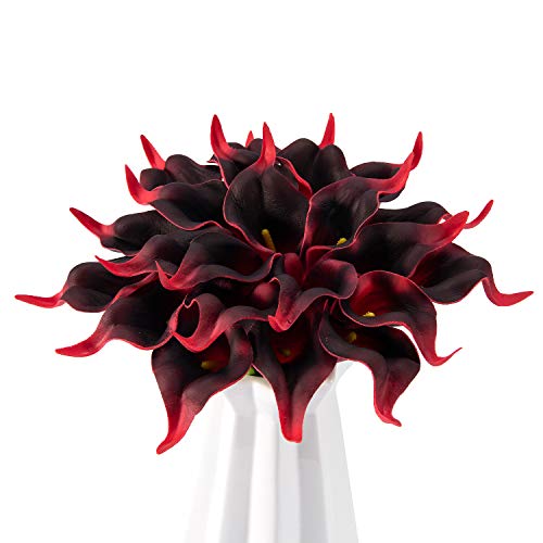 Crafjie 22pcs 13.4 Inch Burgundy Flowers Lataex Real Touch Artificial Calla Lily Flowers, for Home Decor, Office, Kitchen, Wedding Decorations, and centerpieces - color: Dark Red