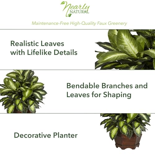 Nearly Natural 24in Artificial Dieffenbachia Silk Plant with Modern Hexagon Planter, Maintenance-Free Indoor Faux Greenery for Room Decor