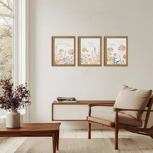 Watercolor Wildflower Wall Art Set of 3, Boho Botanical Flowers Canvas Prints Wall Decor, with Heart Line and romantic song lyrics for couple Gifts and Bedroom Office Home Decor 16x24 In Wood Framed - color: Flower Heart, size: 24L" x 16W"
