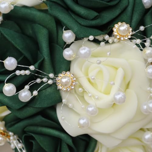 Round Green Ivory Artificial PE Rose Bouquet with Pearl and Rhinestone for Bridal Toss and Bridesmaids Suit for Wedding Party - color: Green Pearls
