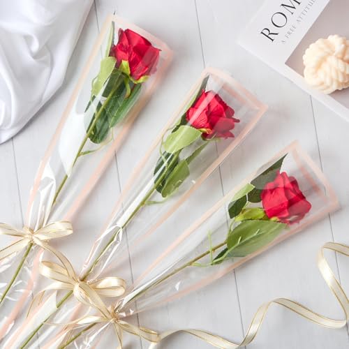 Mauproy 100Pcs Single Rose Sleeves with Pink Edges, Single Flower Bags with Ribbons Plastic Flower Wrap for Graduation, Flower Bars, Florist Supplies - color: Pink Edges