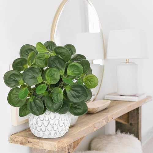 13" Artificial Plants Indoor Small Fake Plant in White Ceramic Pot, Silk Plants for Home Decor Indoor, Faux Potted Plant for Shelves, Desks, Home, Room, Office, Bedroom, Entryway, Tabletop Decor - color: #Green #2