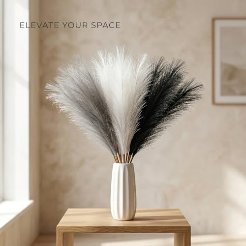 30Pcs Artificial Pampas Grass Decor - 21.7" Fluffy Black White Grey Faux Flowers for Vase, No Shed Boho Room Decor, Wedding Table Centerpieces & Photography Props - size: Black White Grey