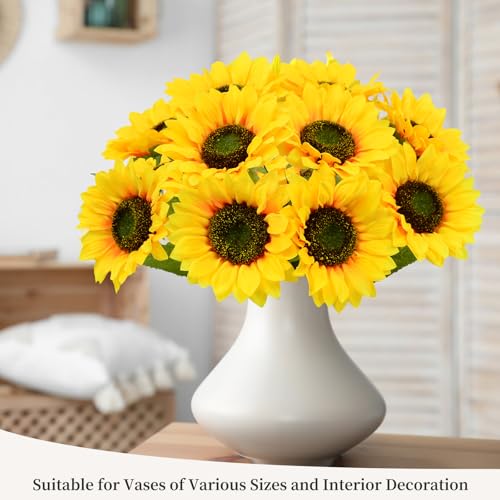 10 Pcs Artificial Sunflowers, Sunflowers Artificial Flowers with Stems, Faux Silk Huge Fake Flower Bouquet for Vase Decor Wedding Table Home Porch Indoor Outdoor Cemetery Decoration (Yellow, 6-Inch) - size: 6-Inch
