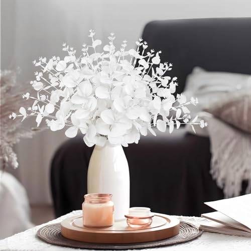 Yen Jean 14PCS White Eucalyptus Artificial Faux Flowers for Decoration - Fake Silk Stems in Vase Christmas Holiday Winter Wedding Home Decor - style: white
