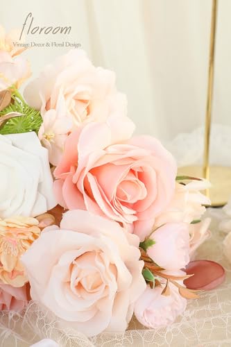 Floroom Blush Peach Pink Artificial Flowers Cream Fake Roses Peonies and Greenery Combo Box Set for DIY Wedding Bouquets Bridal Shower Centerpieces Floral Arrangements Party Tables Home Decorations - color: Blush Peach Dream