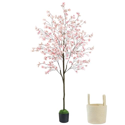 Caxchiling 6FT Cherry Bloosom Tree for Indoor Outdoor, Artificial Pink Flower Tree with Basket and Moss Topper, Faux Floor Plants for Home Office Living Room Bedroom Doorway Hallway, Spring Decor