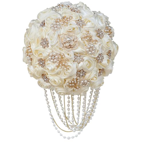 Handmade Satin Rose Water Drop Bridal Bouquet,8.7inch Crystal Wedding Round Tossing Bouquet,Jewelry Proposal Bridesmaid Bouquet Groom Corsage Bride Wrist Flower Ivory (26#Ivory) - color: 26#ivory