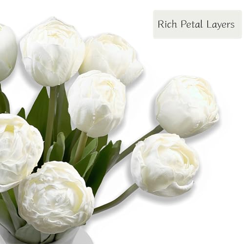 12 Pcs 15 Inch White Silk Artificial Tulips for Home Wedding Decor | Faux Tulips with Realistic Layered Petals for Home Office Decor, Wedding Parties Baby Shower Table Centerpiece - color: White