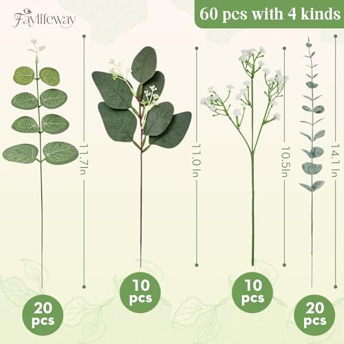 60 PCS 4 Kinds Mixed Artificial Greenery Stems,Baby Breath Flowers Artificial Bulk with Fake Eucalyptus Stems for Wedding Vase Bouquet Home Floral Decor