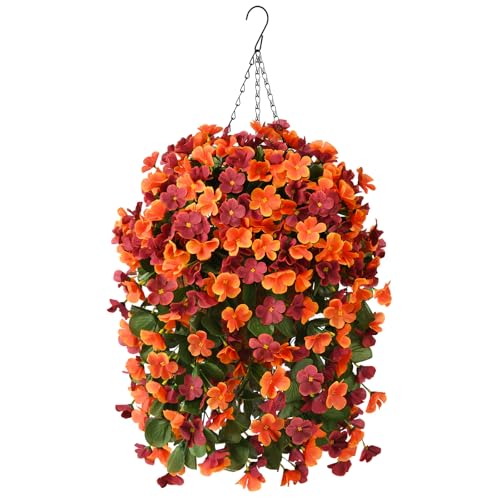 INQCMY Artificial Fake Hanging Plants Flowers Basket for Fall Autumn Outdoor Decoration,Faux Silk Begonia in Planter UV Resistant Realistic for Outside Home Porch Patio Balcony Yard Decor - color: Orange Brown