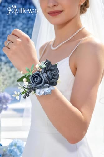 Blue Rose Corsage and Boutonniere Set, Prom Flower Wrist Corsage for Wedding Bridesmaid Mother Grandmother, Artificial Flowers for Homecoming Party Anniversary Graduation Decor - color: Blue, size: 1 Corsage & 1 Boutonniere