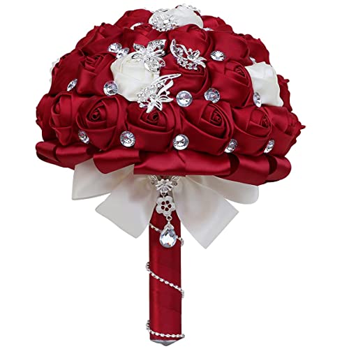 1Bucnh Big Size (8.26") Handmade Diamond Wedding Bouquet for Bridal with Rhinestones Silk Ribbon use in Church Marroon Marriage Boquets (Big Dark Red & Less Ivory) - color: Dark Red With Ivory