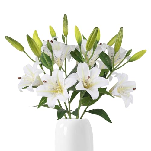 6PCS Artificial Lilies 26.7" Silk Lily Flowers with 12 Heads Fully Bloomed Lilies and 18 Buds, Long Stem Lilies Artificial Flowers for Home Party Wedding Easter Decor(White) - color: White