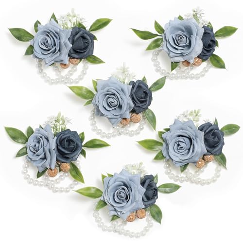 Serwalin 6Pcs Blue Corsage Wristlet for Wedding, Corsages Wristlet for Bridesmaid Mother Grandmother, Artificial Flowers for Prom Ceremony Anniversary - color: Dusty Blue, size: Corsage 6pcs