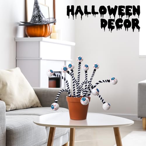 Wavwavw 12 Pcs Halloween Eyeball Picks Halloween Floral Picks 10 Inch Branch Green Decoration Stems Props Decor for Home Office Party Indoor Gifts(Black and White) - color: Black and White