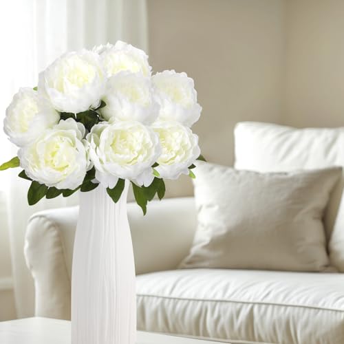 Peonies Artificial Flowers, 17 Inch Fake Silk Peonies Flowers Bouquet with Stems for Vase Arrangements, Wedding Centerpiece Party Home Decor (White) - color: White