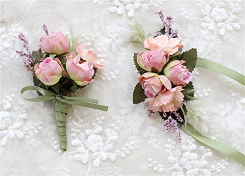 Rose Wedding Wrist Corsage and Boutonniere Set Party Prom Hand Ribbon Flower Suit Decor (Pink) - color: Pink