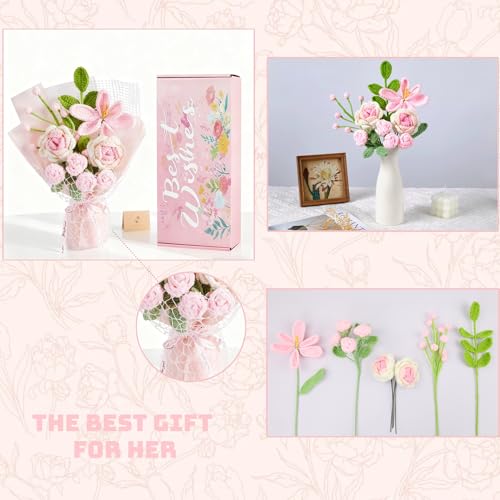 Crochet Flower Bouquet, Pink Crocheted Flowers Handmade Knitted Flowers Bouquet for Valentines Birthday Crochet Tulips Rose Bouquets Gifts for Flower Lovers (Including Gift Box and Card) - color: Z-pink