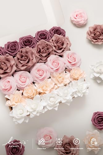 Ling's moment Artificial Flowers Fake Roses Faux Foam Gardenia Combo for DIY Wedding Bouquets Centerpieces Arrangements Bridal Shower Party Home Decorations, Mauve & Blush, 24pcs - color: Pk-mauve & Blush