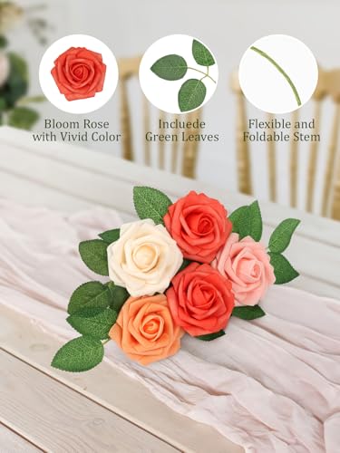 MACTING 30PCS Artificial Rose Flowers Real Touch Fake Flowers with Stem Foam Roses for DIY Wedding Bouquet Table Centerpieces Party Baby Shower Home Party Summer Mothers Day Decor,Mix Coral Series - color: Mix Coral, size: 30PCS