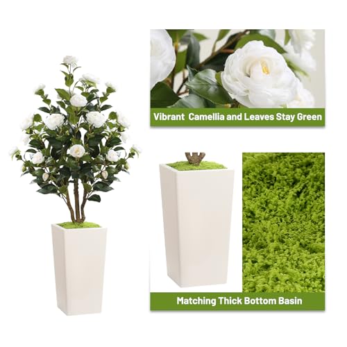 Romantic season 4FT Artificial Camellia Tree with White Tall Planter, Faux Camellia Plant Flower Tree for Modern Home Office Living Room Floor Décor Outdoor Indoor,White - color: White