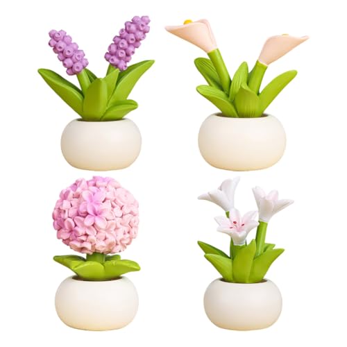 Resin Flower with Pot 4 Pcs Mini Artificial Calla Lily Hyacinth Lily Hydrangea Flower Potted Plants Figurines for Car Dashboard Home Kitchen Rustic Table Shelf Decor, 4 Colors - color: 4 Colors