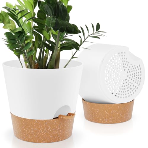 YNNICO 10 inch Plant Pots, Self-Watering Planters with Drainage Holes & Saucers for Indoor and Outdoor Plants (2-Pack,White - color: White, size: 10 inch