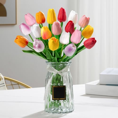 Artificial Tulips 12Pcs Real Touch Fake Tulips PU Flower Arrangement Bouquets for Home Party Decoration (Colorful) - color: Colorful