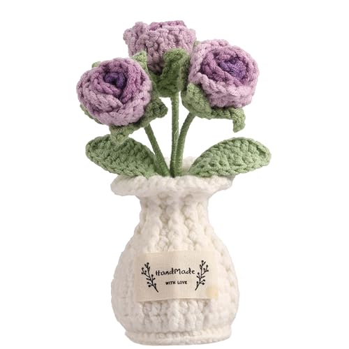 Crochet Rose Flower Potted Plant – Purple, Valentines Day Gift for Her, Handmade Knitted Romantic Desk Decor - color: D-rose-purple