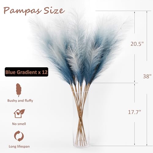12 Pcs Blue Gradient Faux Pampas Grass Decor 38"/3.1FT Tall Fake Pompas Floral Large Artificial Pompous Grass Branches Plants for Floor Vase Filler Home Boho Decoration - color: Navy Blue Gradient
