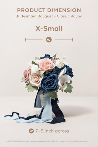 Ling's moment Navy Blue Bridesmaid Bouquets Set of 4, Dusty Rose Artificial Wedding Flower Bouquets Floral Bouquet Bridesmaid Bouquets with Ribbon, Ceremony,Anniversary,7-inch Diameter - color: Pk-dusty Rose & Navy