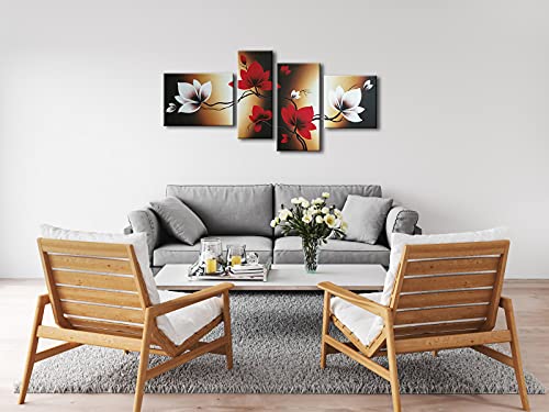 Wieco Art Full Bloom in Spring Red Flowers 100% Hand-painted 4 panels Flower Oil Paintings on Canvas Wall Art for Wall Decor Oil Painting on Canvas