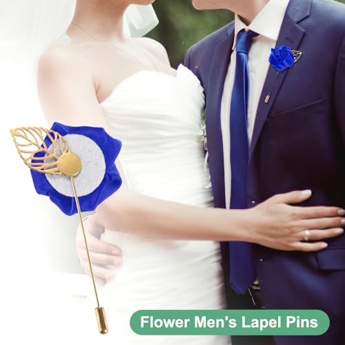 M METERXITY 1-Pack Flower Lapel Pins for Men, Golden Leaf Rose Boutonnieres Pin Groom Boutonnieres for Wedding/Dance/Party, Men Lapel Pins for Suits Satin Flower Corsage [Sapphire Blue] - color: Sapphire Blue