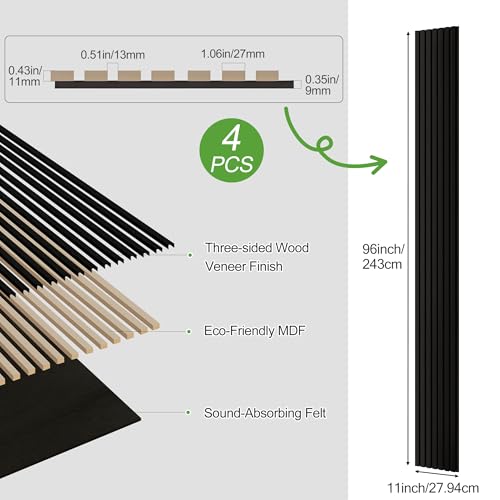 4 Pack Wood Panels for Wall, 96" x 11" Wood Slat Acoustic Panels, Acoustic Wall Panels for Interior Wall Decor, Sound Absorbing Wall Panels for Noise Reduction and Decoration, Obsidian Black - color: Obsidian Black, size: 4PCS-96" x 11"