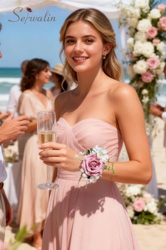 Serwalin Pink Rose Corsage and Boutonniere Set, Prom Flower Wrist Corsage Bracelets, Homecoming Roses Corsage Wristlet and Men Boutonniere for Wedding Flowers Accessories Prom Suit Decorations - color: Pink, size: 1 Boutonniere & 1 Wrist Corsage - 2pcs