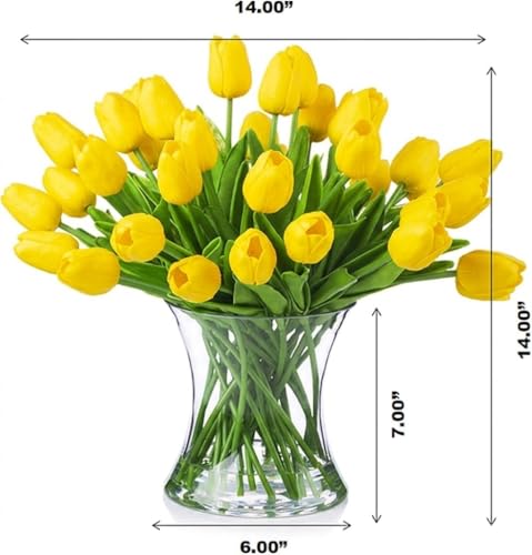 Real Touch Artificial Tulips with Glass Vase and Acrylic Water, 40 Pcs Fake Tulip Flowers Bouquet for Home Office Decor, Silk Flowers Arrangements for Dining Table Wedding Centerpiece (Yellow) - color: Yellow