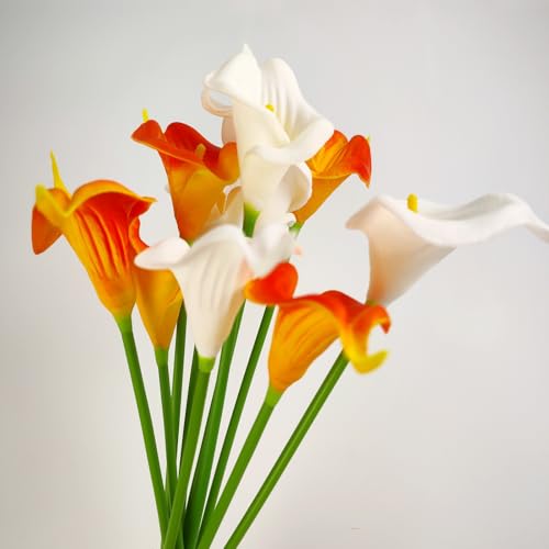 10 Pcs Calla Lily Artificial Flowers Fake Spring Flowers Faux Calla Lily Bouquet for Decoration, White Orange - size: 10 Pcs